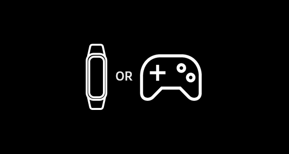 White outline icons of a Samsung Galaxy Fit smartwatch and gaming controller next to each other in front of a black background White outline icons of a Samsung Galaxy Fit smartwatch and gaming controller next to each other in front of a black background