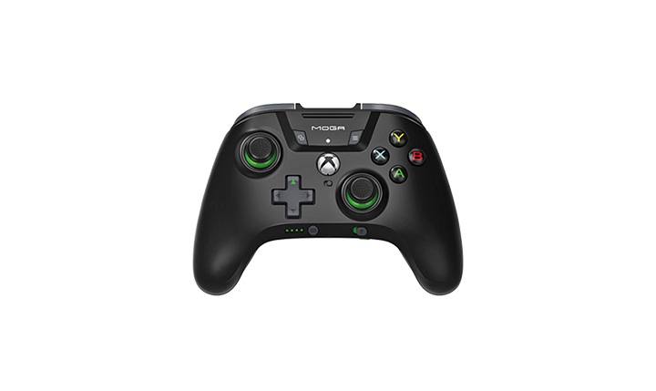 A black XBOX controller with green LED lights under the controls in front of a white background A black XBOX controller with green LED lights under the controls in front of a white background