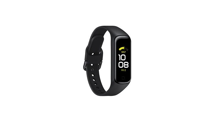 A black Samsung Galaxy Fit 2 fitness smartwatch in front of a white background A black Samsung Galaxy Fit 2 fitness smartwatch in front of a white background
