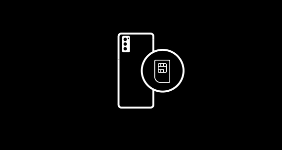 White outline icon of the back of a smartphone in front of a black background with a SIM card icon within a circle in front White outline icon of the back of a smartphone in front of a black background with a SIM card icon within a circle in front