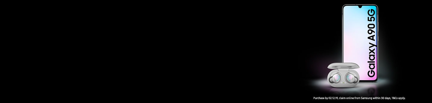 Galaxy Buds in front of Galaxy A90 5G