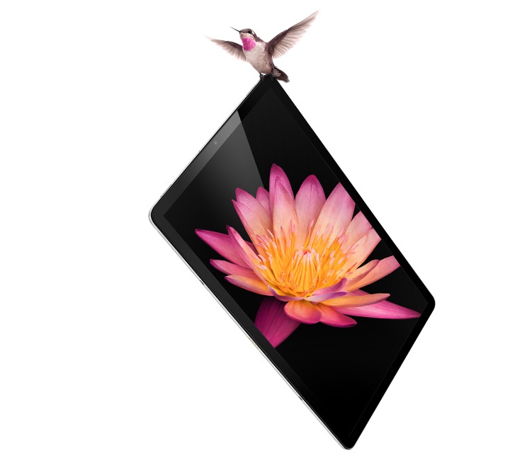 A humming bird carries a Galaxy Tab S5e by its top right corner