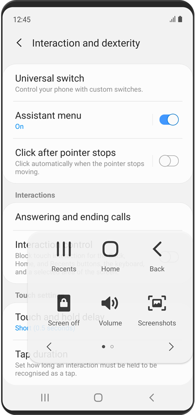 The 'Interaction and dexterity' menu is displayed. Assistant menu is turned 'on'. The Assistant menu pop-up is shown, with Recents, Home, Back, Screen off, Volume, and Screenshots icons.