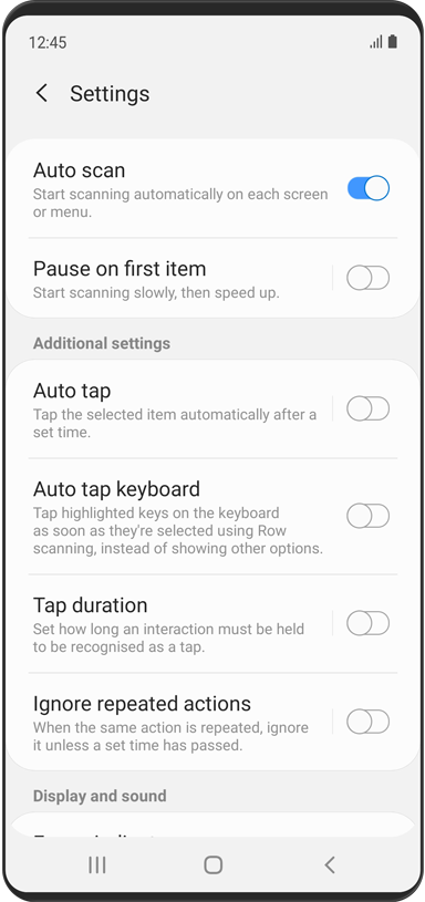 The Additional Settings section of the 'Settings' menu is displayed. There are settings for Auto tap, Auto tap keyboard, Tap duration, and Ignore repeated actions.