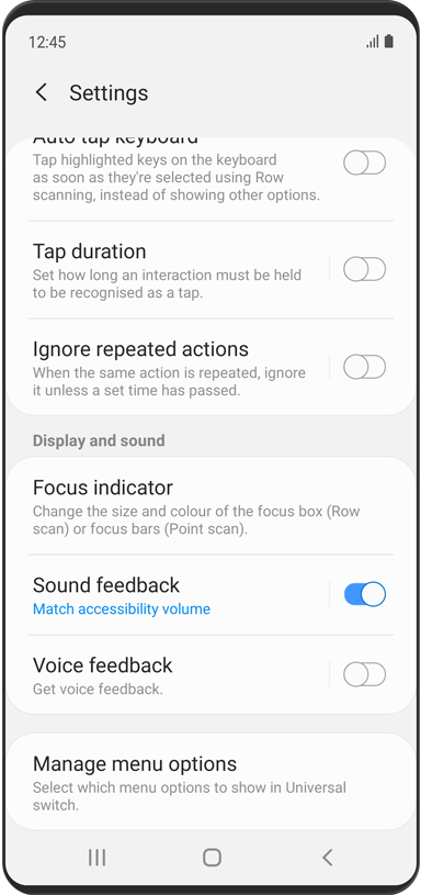 The Display and sound section of the 'Settings' menu is displayed. Sound feedback is turned 'on'.