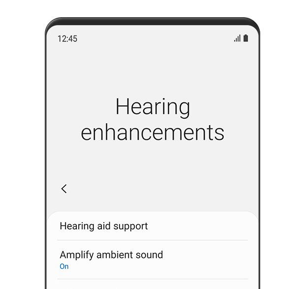 The 'Hearing enhancements' menu is displayed. The Amplify ambient sound is turned 'on'.