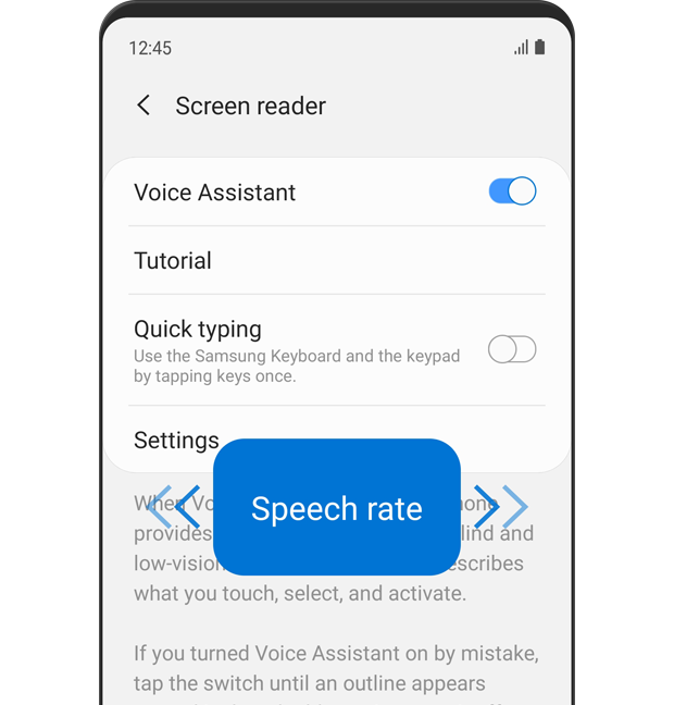 The Screen reader menu is displayed. Voice Assistant is turned 'on'.