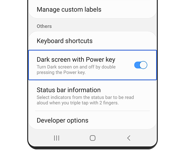 The Dark screen with Power key option is turned 'on'. The description text reads: Turn Dark screen on and off by double pressing the Power key.