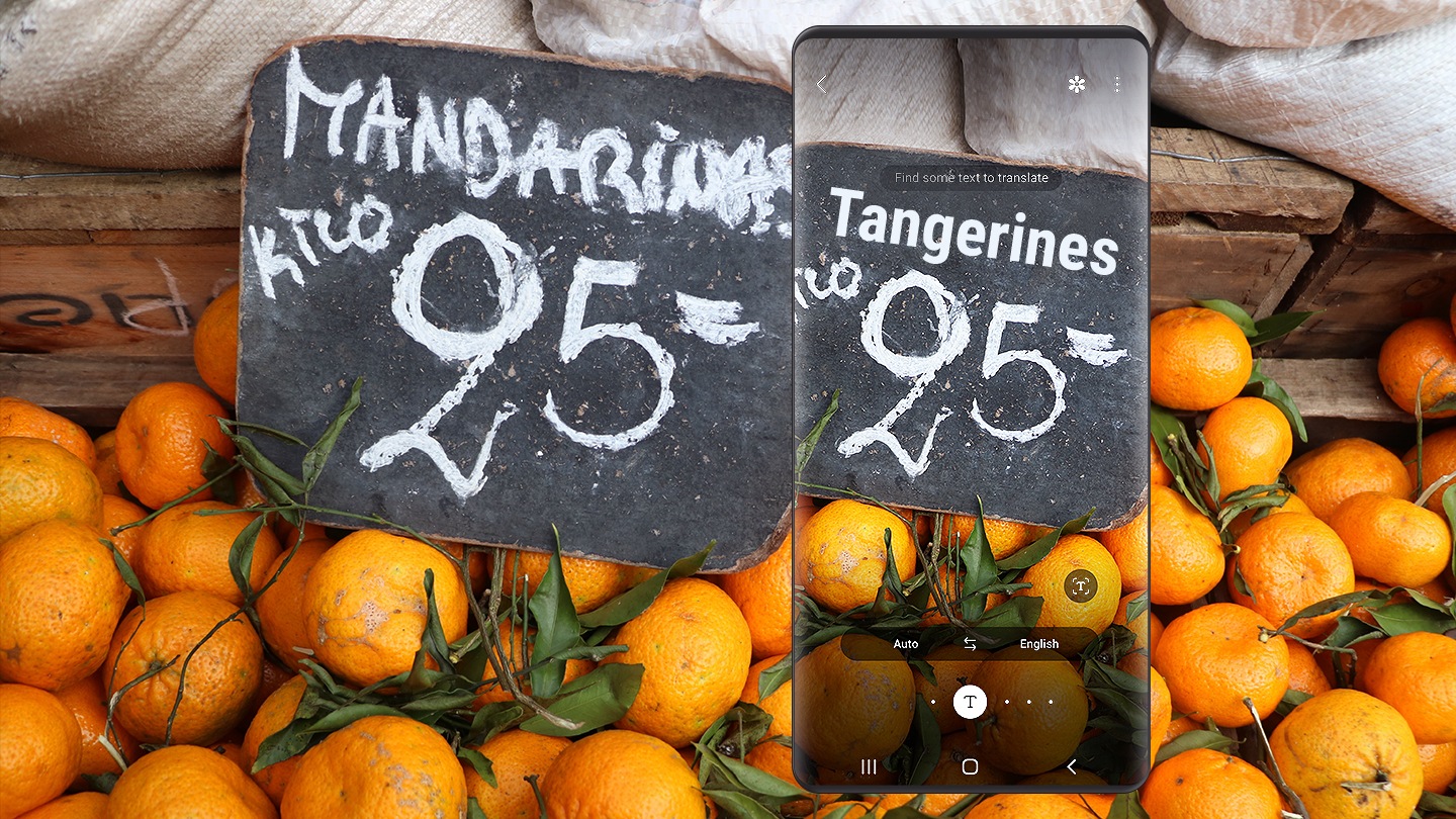 Translation of the word "tangerines" on a price board from Spanish to English using Bixby Vision.