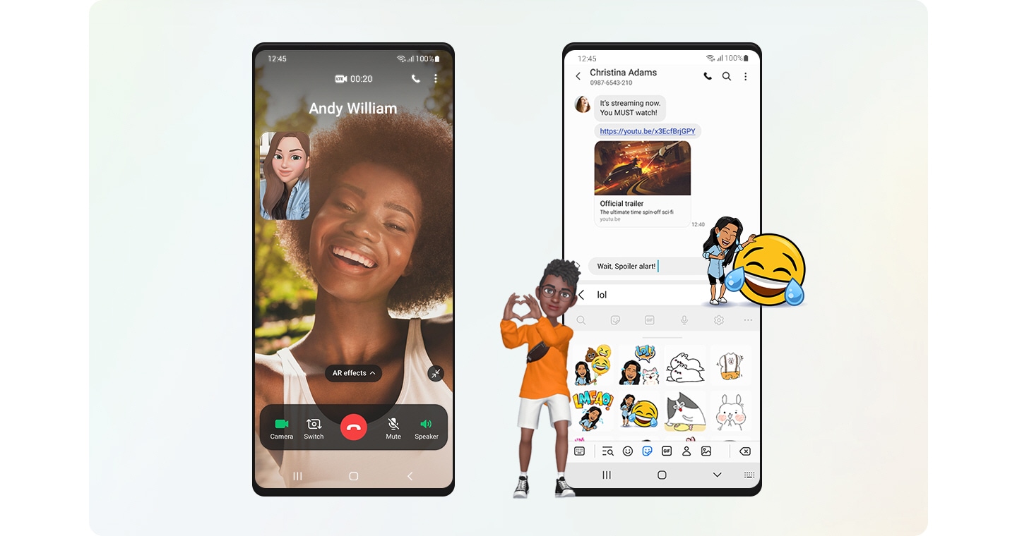 One Galaxy screen shows an AR effects mask video call. Another Galaxy screen shows the Messages app using AR effects.