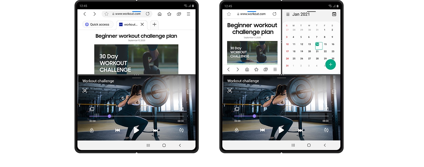 2 Galaxy Z Fold2 devices show the multitasking feature with 2-way and 3-way split-screens showing a workout video and plan.