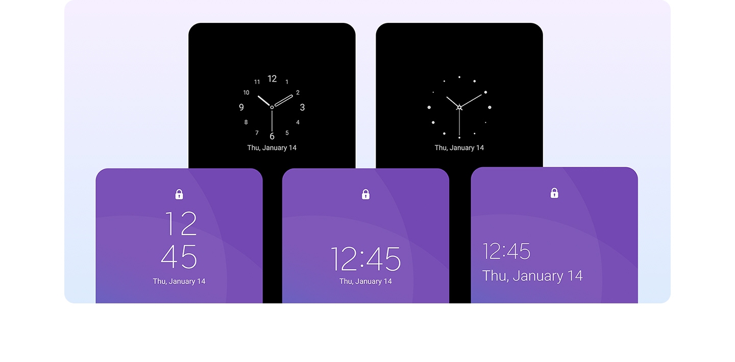 Five Galaxy screens show various options for the lock screen, with time and date displayed in different formats.