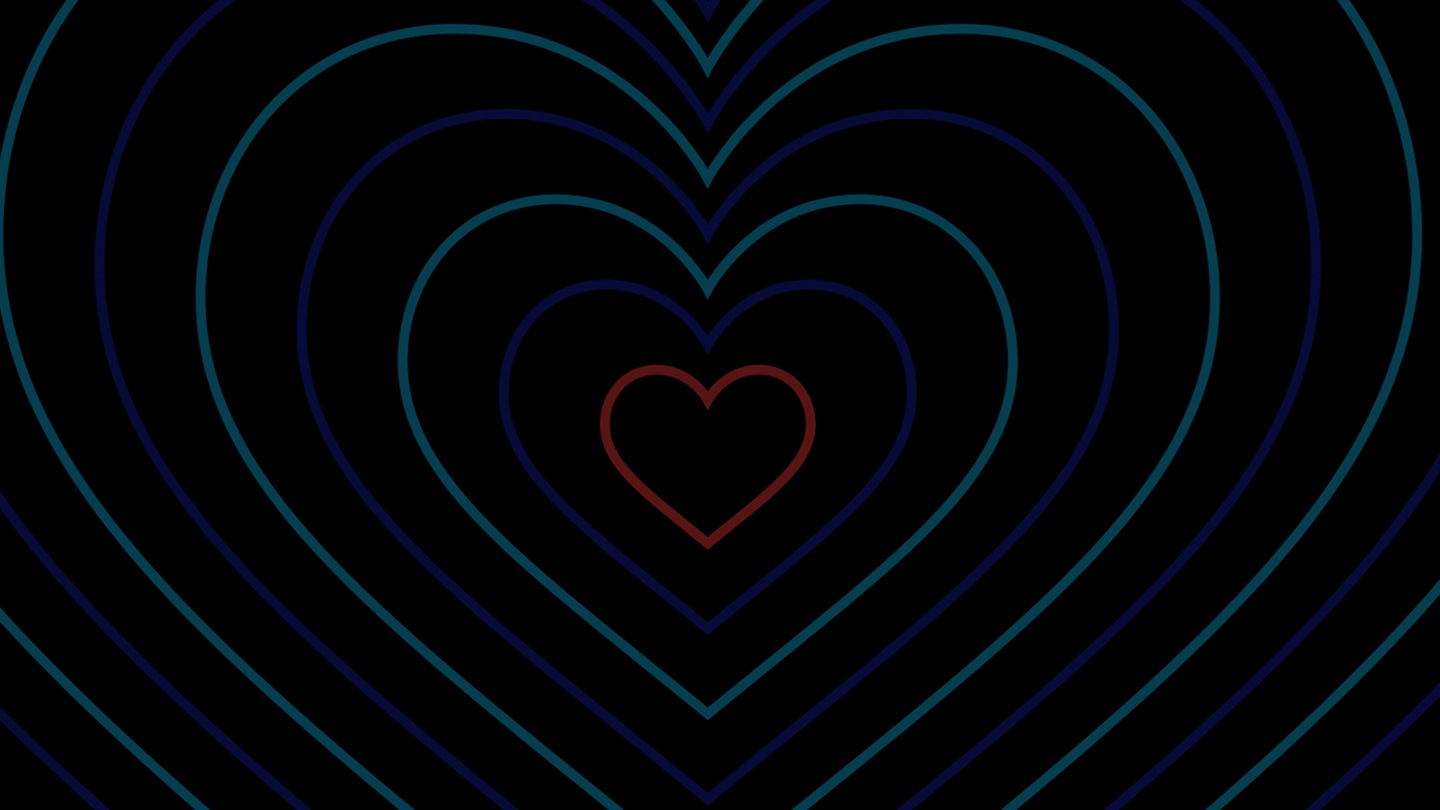 A series of concentric heart shapes with a small red heart shape in the centre