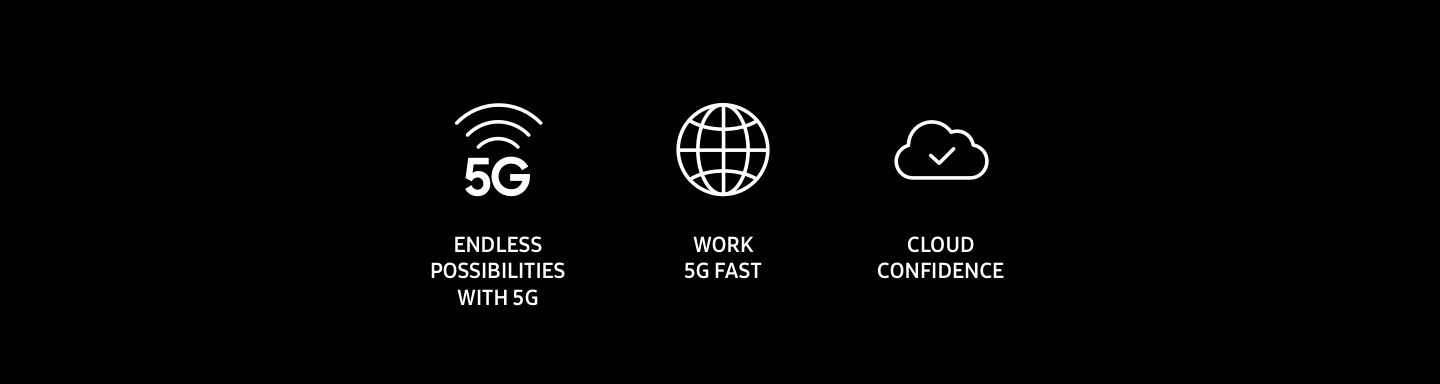 Three white icons of 5G connectivity, an internet symbol and cloud functionality in a row in front of a black background