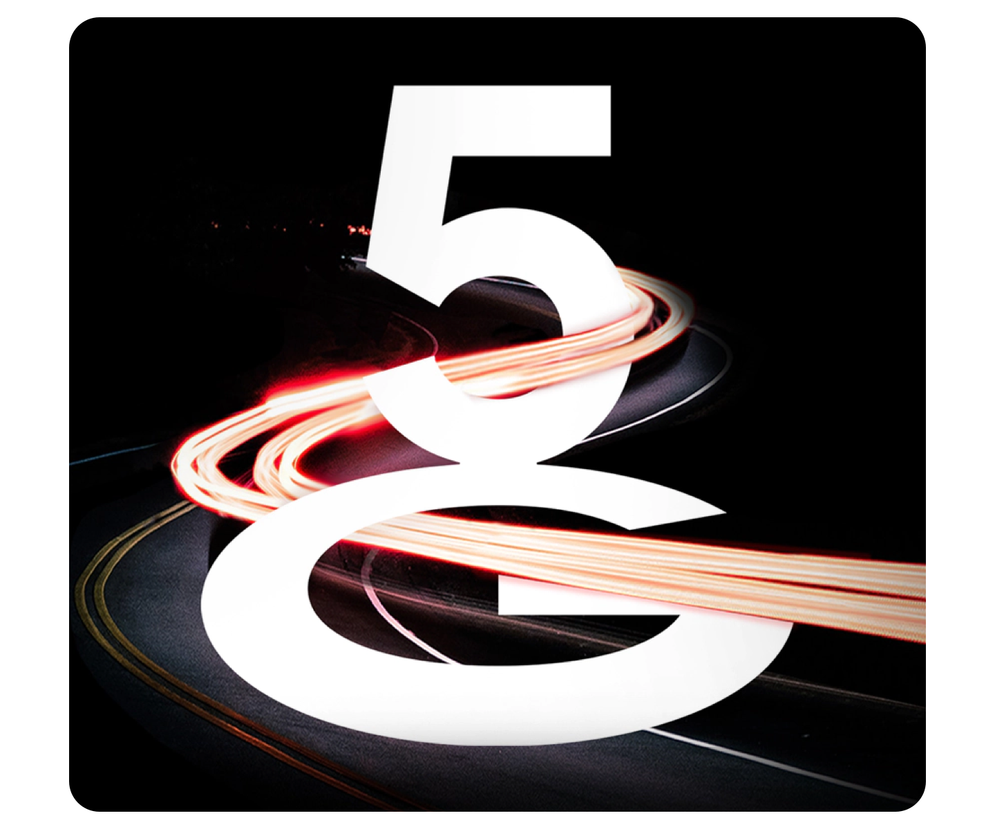 A curved road at night with red street light trails with a large white 5 placed on the road with a white G reflected below