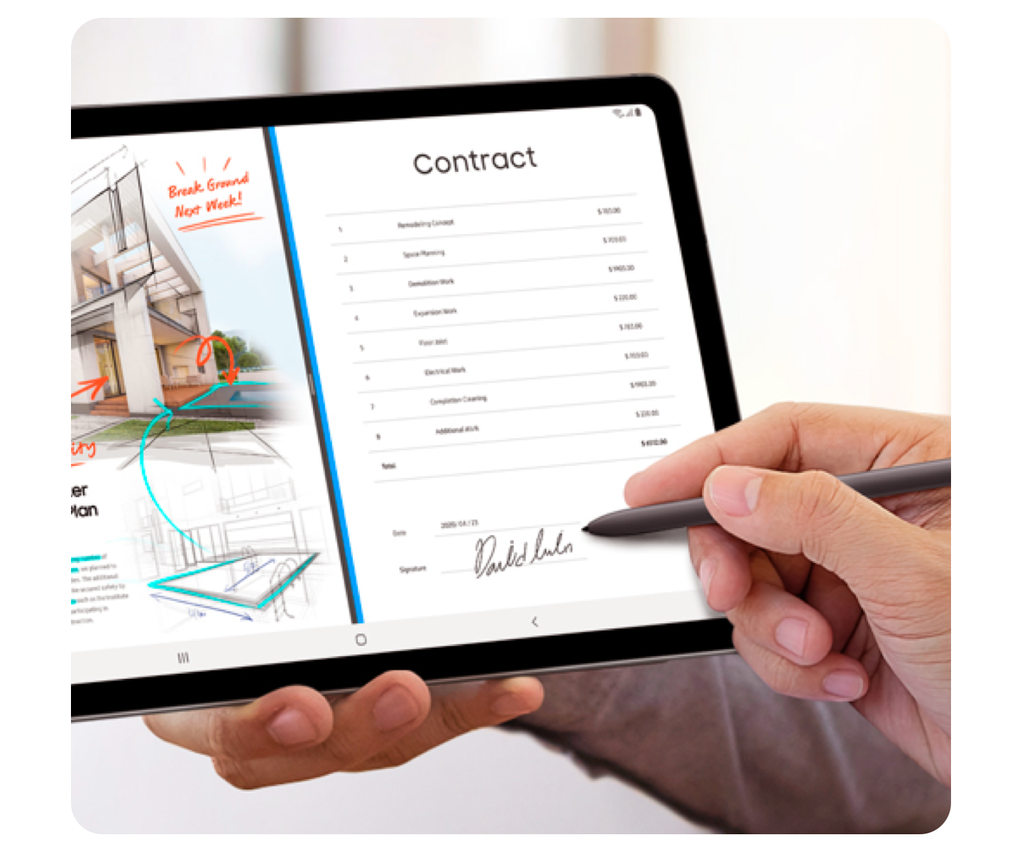 A hand holds a Samsung tablet which shows a home development contract. Another hand uses an S Pen to digitally sign the contract