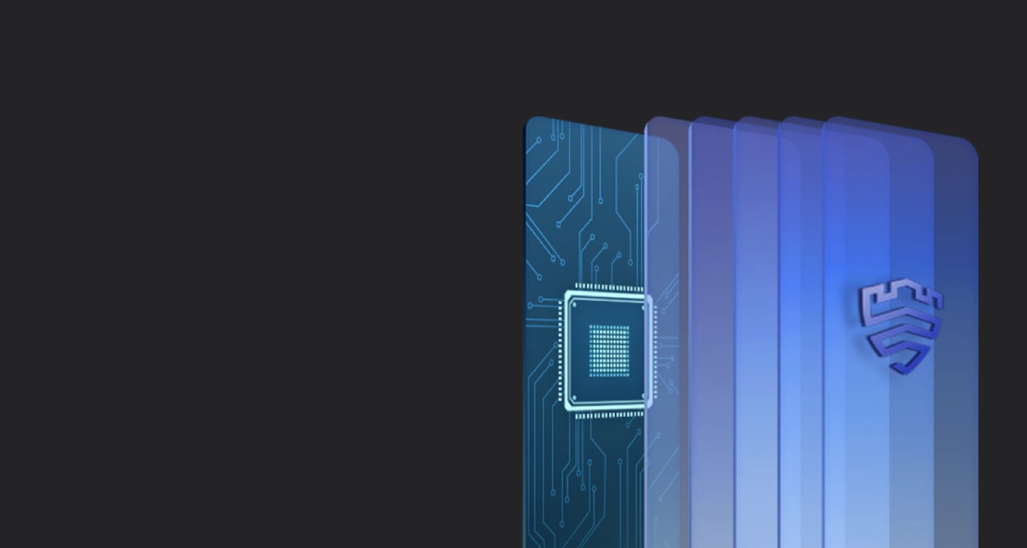 Six, rounded rectangles resembling a smartphone with Samsung Know technology stand in a row in front of a black background.