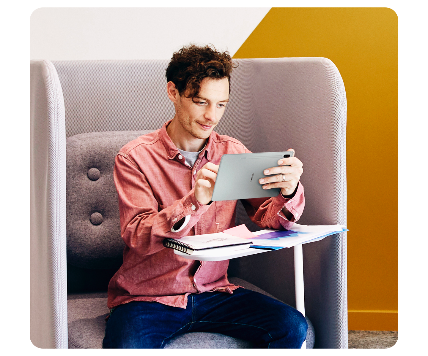 remote employee using Samsung business tablet to work