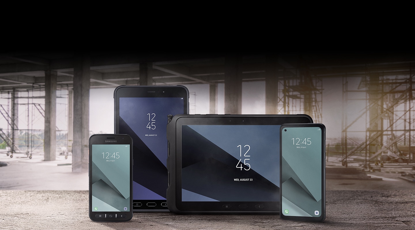 Samsung Rugged devices collection displayed in industrial background