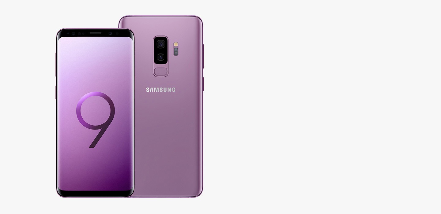 Vedere frontală a Galaxy S9 Lilac Purple cu 9 pe ecran și vedere din spate a Galaxy S9+ Lilac Purple