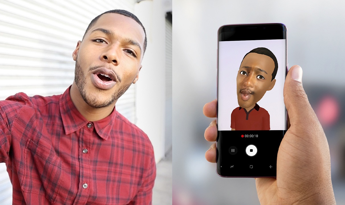 Clip video filmat cu un telefon Galaxy S9 sau Galaxy S9+ cu o persoană care are diferite expresii ale feței și emoticonul RA video care o imită poziționat în partea dreaptă a ecranului.