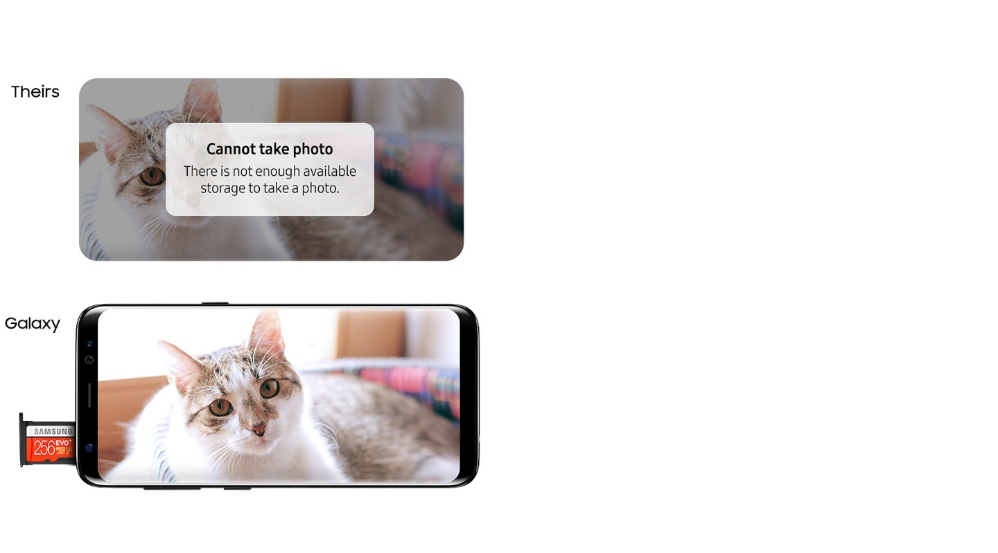 Vedere frontală a lui Galaxy S8 Midnight Black, care face o fotografie a unei pisici cu o memorie extensibilă de 256 GB și o imagine a unei pisici în întuneric, cu mesajul „Nu se poate face o fotografie - Nu există suficient spațiu de stocare disponibil pentru fotografiere”.