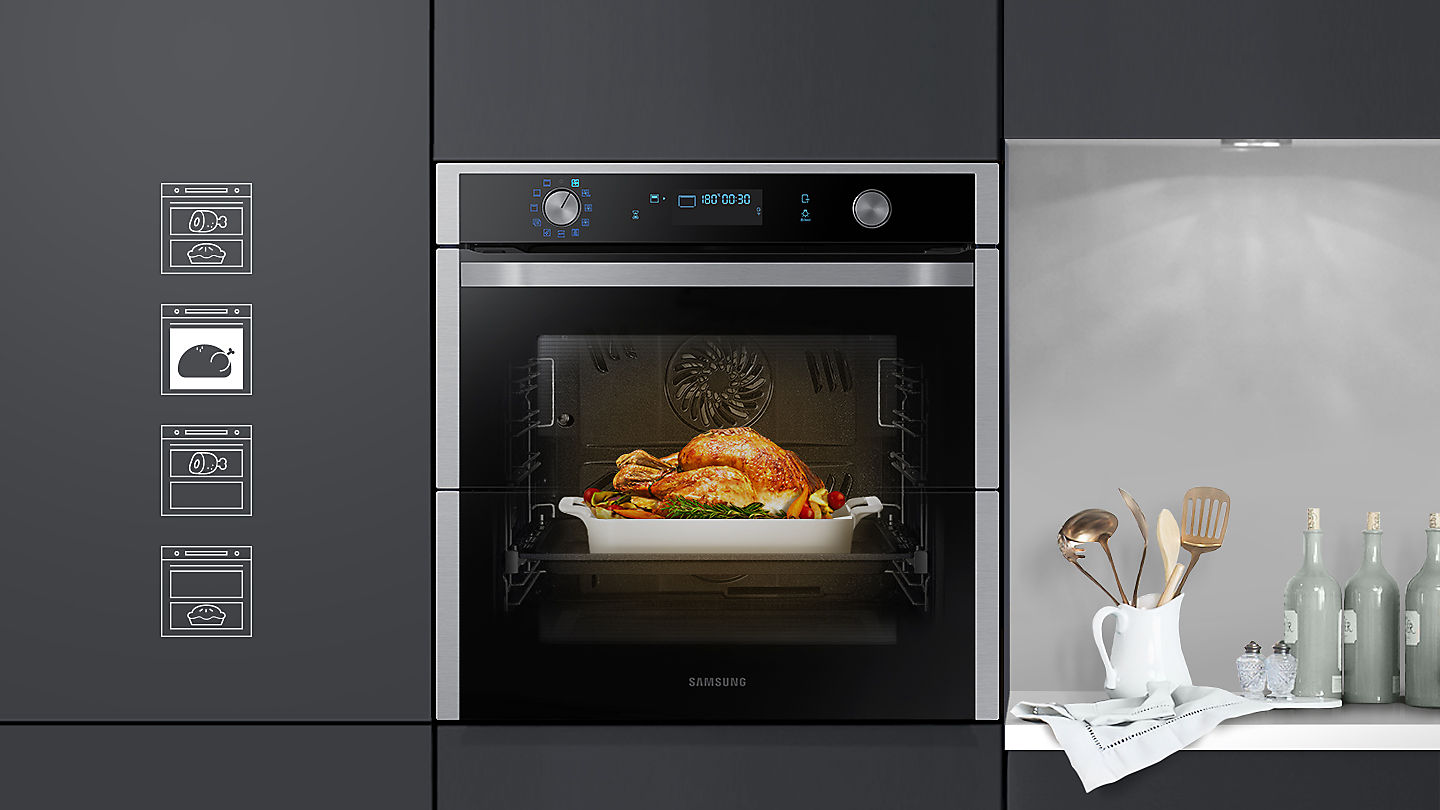 Dual meals with flexible cooking Photo of the Dual Cook Flex with a large turkey being cooked in the full oven