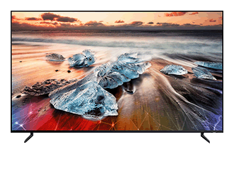 Image of a QLED 8K with colourful, high resolution landscape image showing on the screen.