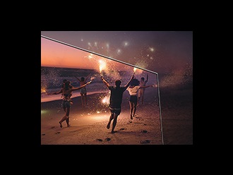 Image of a QLED 8K with colourful, high resolution landscape image showing on the screen.