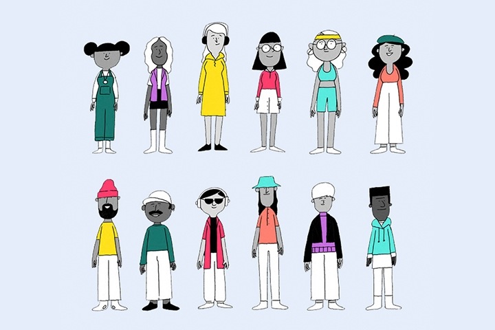 Illustration of Gen Z characters standing in a line wearing colorful clothing and accessories.