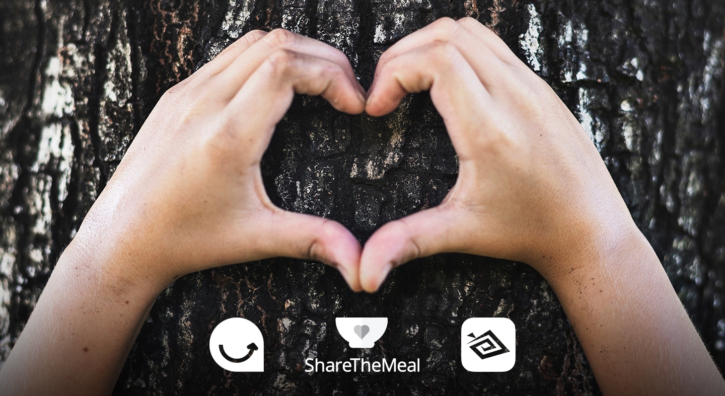 Close up kids hands on a tree trunk in the form of a heart shape