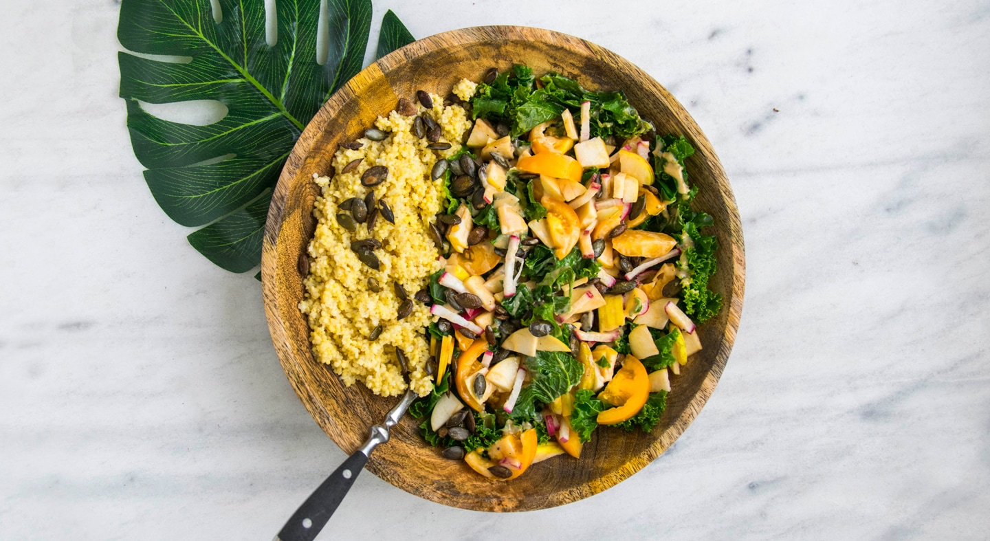 Close of of a bowl of fresh food on a table