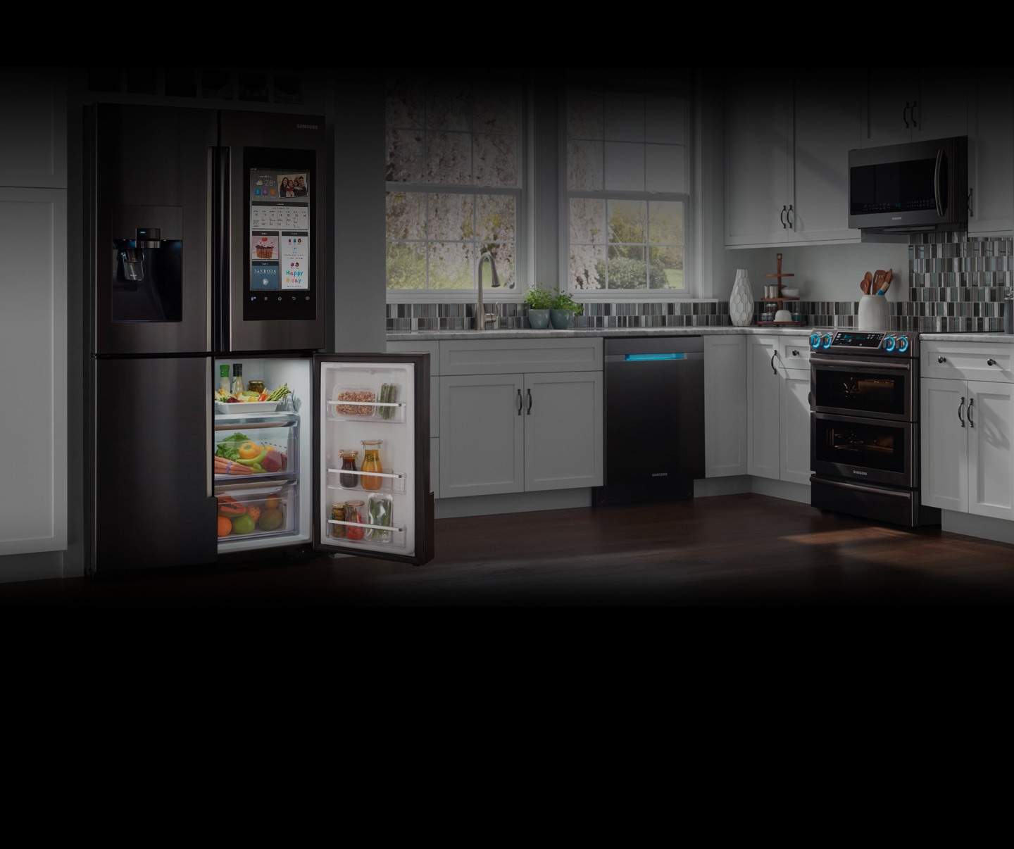 There is a bedroom overlooking the city view in the early evening with the glow of the setting sun. The bed is disorganized as if a person just got up and went out. In front of the bed, QLED TV has stood with its back side and is facing the bed.