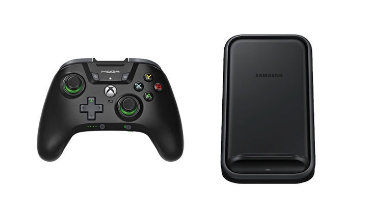 Xbox controller in black and Samsung wireless charger stand in black