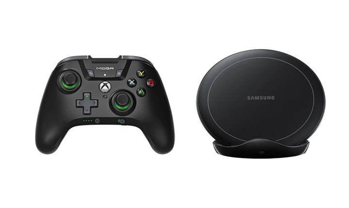 Xbox controller in black and Samsung wireless charger stand in black