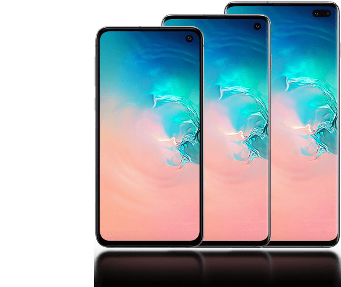 Front of a Samsung Galaxy S10e, Samsung Galaxy S10 and Samsung Galaxy S10+ lined up together