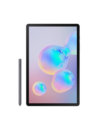 Czarny Samsung Galaxy Tab S6 z szarym rysikiem S Pen stojącym pionowo po lewej stronie