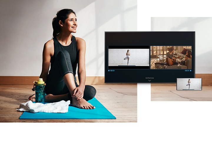 Samsung The Frame in multi view mode, allowing a woman to simultaneously watch a TV show and follow along with a yoga video.