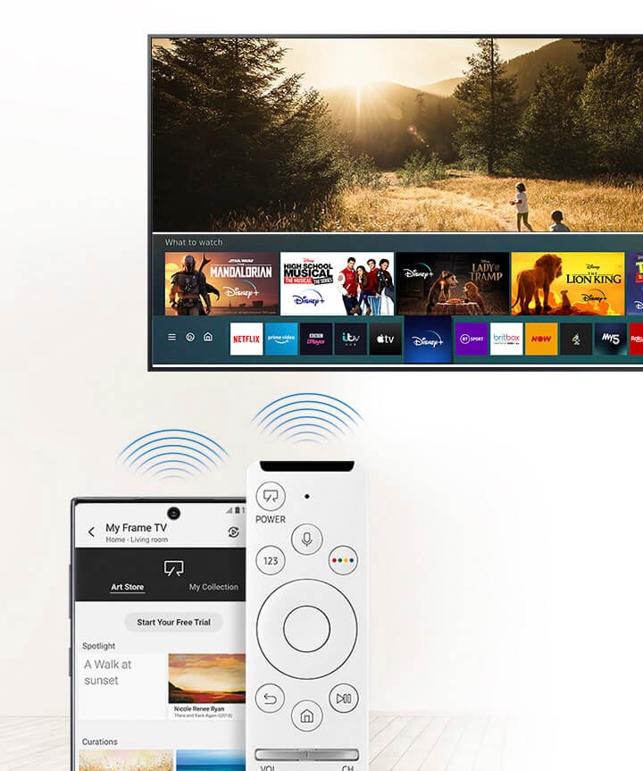 One Remote Control seen controlling The Frame. SmartThings is shown on a phone screen displaying artworks from the Art Store and Smart Hub is displayed on The Frame showing both art and other content to enjoy.