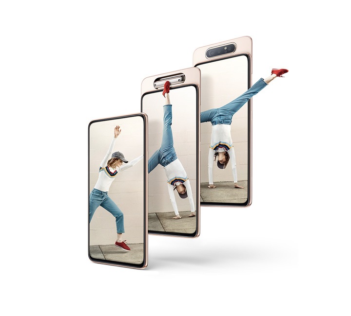 Three images of the Samsung Galaxy A80 phone, showcasing the phone's unique rotating camera.