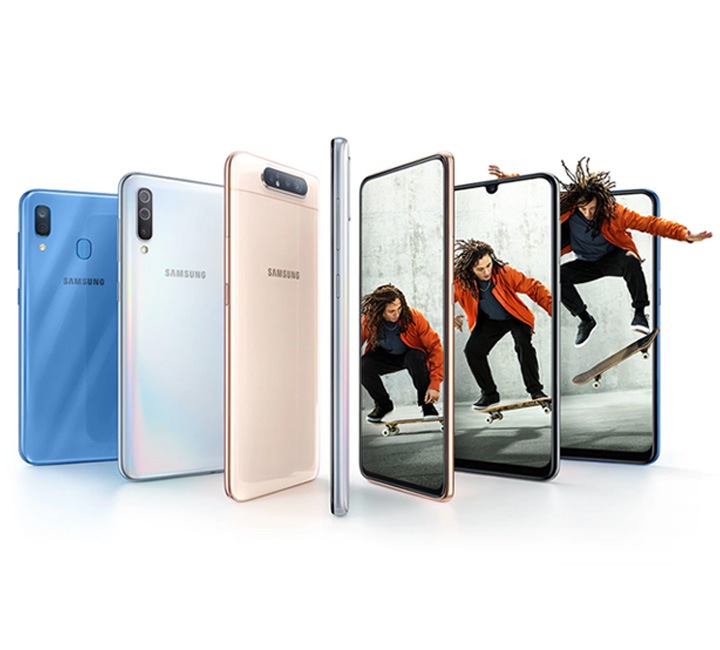 Seven images of the Samsung Galaxy A Series phone, showing both the back, side and front-view of the phones.