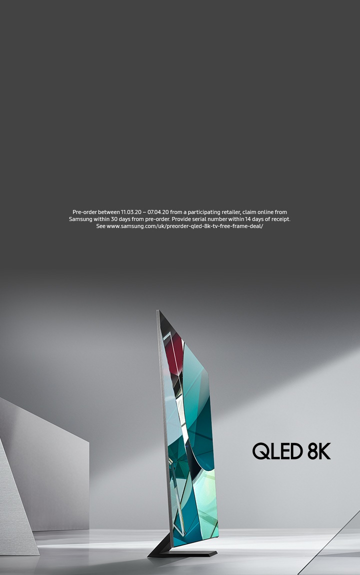 Samsung QLED 8K TV on stand with geometric patterns on screen