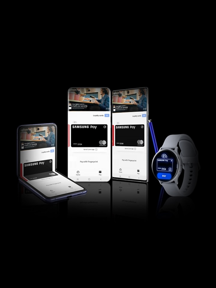 Two upright Samsung smartphones face the camera with a Galazy Z Fold2 smartphone & a Galaxy Watch3 smartwatch on either side Two upright Samsung smartphones face the camera with a Galazy Z Fold2 smartphone & a Galaxy Watch3 smartwatch on either side