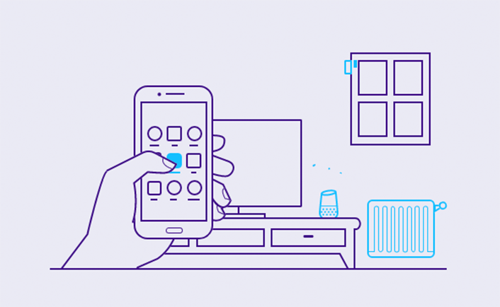 a sketch of a person holding a phone, connected with Smart products