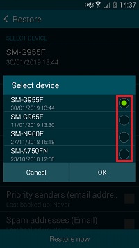 Select a Backup to restore