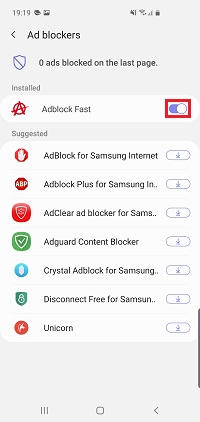 Tap the switch to turn the ad blocker on or off