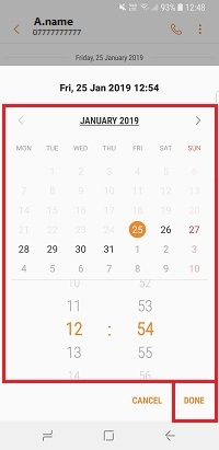 Choose the date and time, then tap done