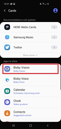 Tap the app whose card you want to display