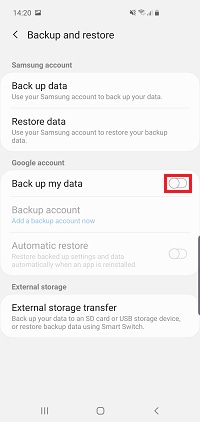 Tap the switch next to Back up my data to turn it on