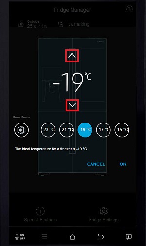 Tap the up or down arrows to change the temperature